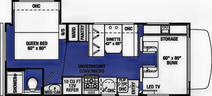 This RV rental floor plan illustrates the interior, featuring a queen bed, bunk, kitchen, bath, and dinette.. Forest River Sunseeker LE 2021