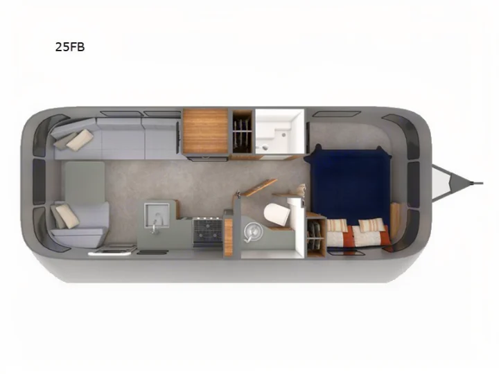 Explore this 25FB travel trailer RV rental floor plan: a top-down view of its interior layout, including bedroom, kitchen, bath.. Airstream Trade Wind 2025