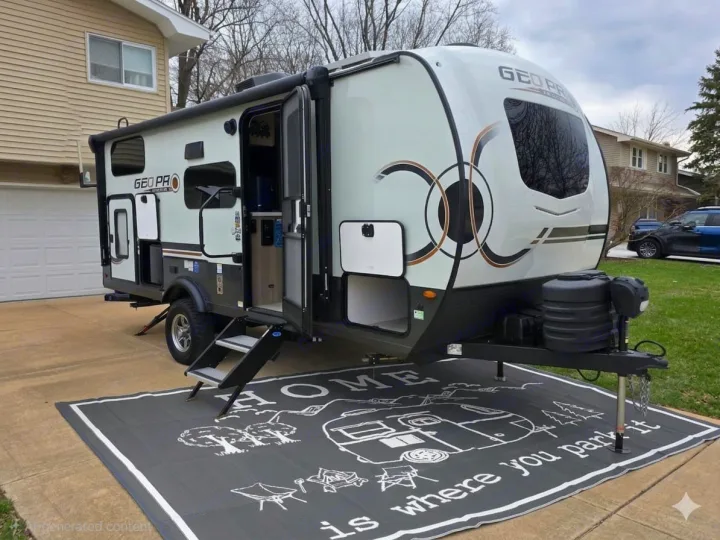 A white Geo Pro travel trailer, perfect for an RV rental, parked on a driveway with an outdoor mat. Ready for camping adventures!. Forest River Rockwood Geo Pro 2025