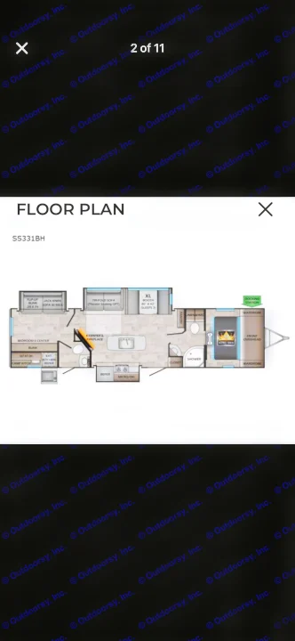 This SS331BH RV rental floor plan displays the interior layout with a king bed, bunk beds, kitchen, bathroom, and living areas.. Crossroads RV Sunset Trail Super Lite 2021