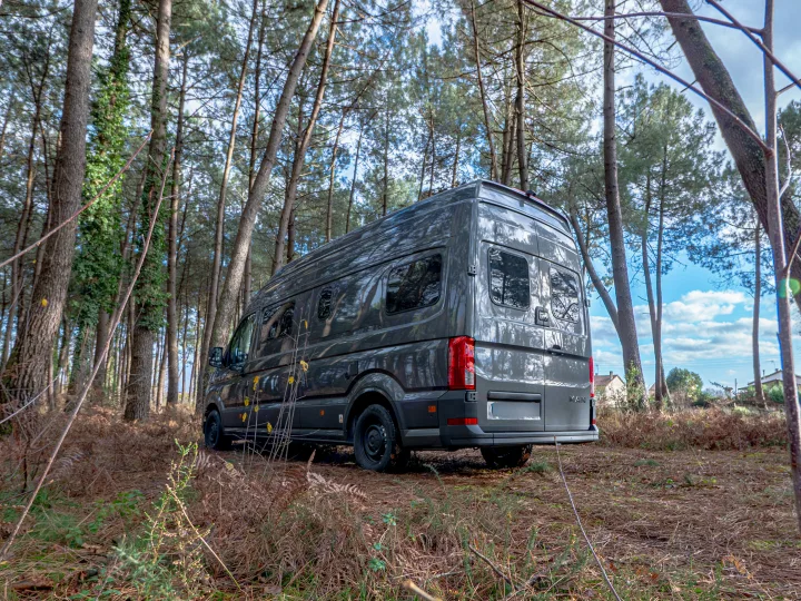 Experience nature with this stylish RV rental campervan parked in a serene pine forest, ready for your next road trip adventure.. MAN TGE 4x4 2025