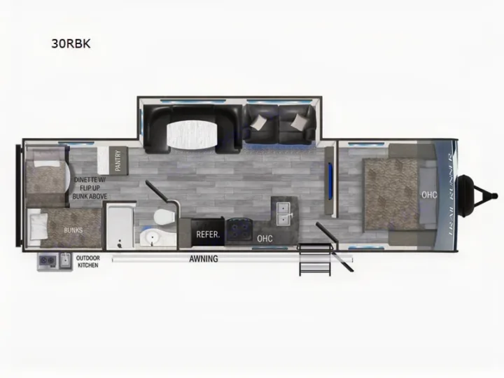 30RBK rv rental floor plan. Features master bed, bunks, kitchen, bath, living area, and outdoor kitchen. Ideal travel trailer layout.. Heartland RVs Trail Runner 2024