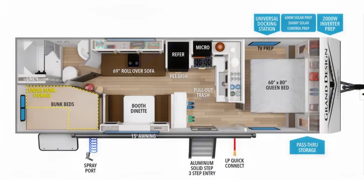 This RV rental floor plan displays a spacious travel trailer, featuring bunk beds, a queen bed, kitchen, dinette, and outdoor steps.. Grand Design Transcend Xplor 2025