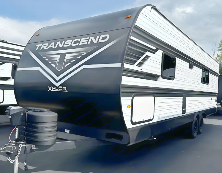 This sleek black and white Transcend Xplor travel trailer is perfect for your next rv rental adventure.. Grand Design Transcend Xplor 2025