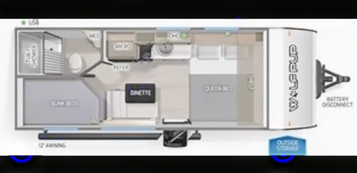 RV rental floor plan: A top-down view showing bunk beds, queen bed, dinette, kitchen, and bathroom. Ideal for families seeking comfort.. Forest River WOLF PUP 17LP 2026