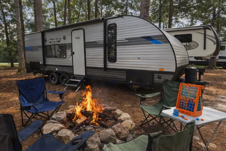 RV rental at a cozy campsite with a roaring campfire, camping chairs, and an outdoor game.. Forest River Salem Cruise Lite 2020
