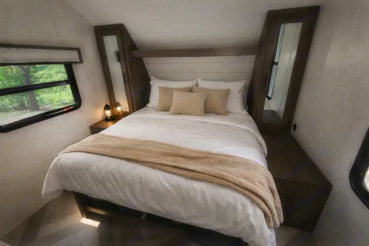 This comfy RV rental bedroom features a queen bed, warm lighting, and a scenic window view, ideal for a peaceful retreat.. Forest River Salem Cruise Lite 2020