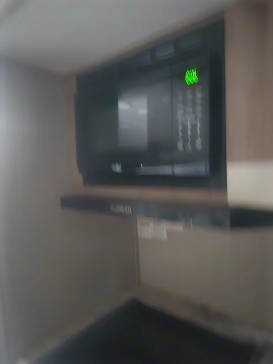 Blurry RV rental kitchen: over-range microwave with green display, above a range hood.. Imagine Imagine design 2020