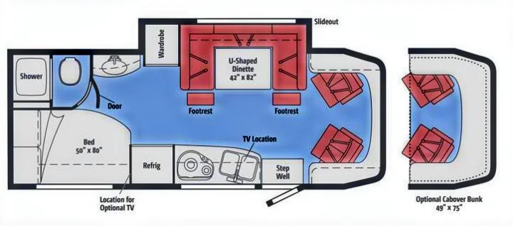 RV rental floor plan: Bed, bath, kitchen, U-shaped dinette, slideout, and optional cabover bunk for comfortable travel.. Winnebago View 2016