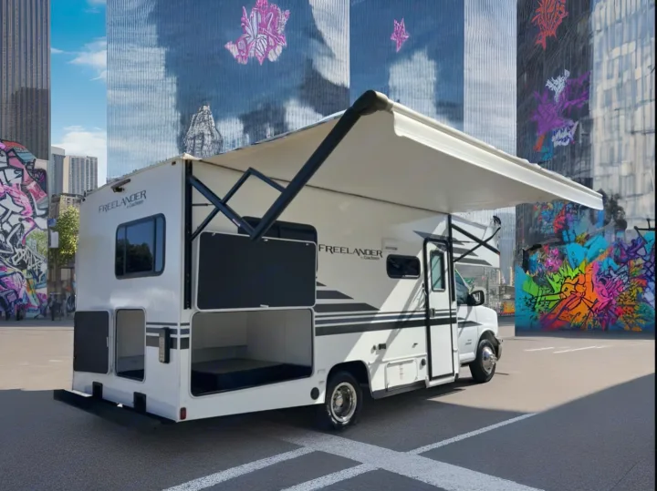 This white Freelander RV rental features an extended awning & open storage bays, parked in an urban setting with vibrant graffiti art.. Coachmen Freelander 2021