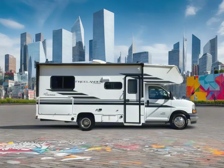 White Coachmen Freelander **RV rental** parked on patterned pavement, set against a modern city skyline with skyscrapers.. Coachmen Freelander 2021