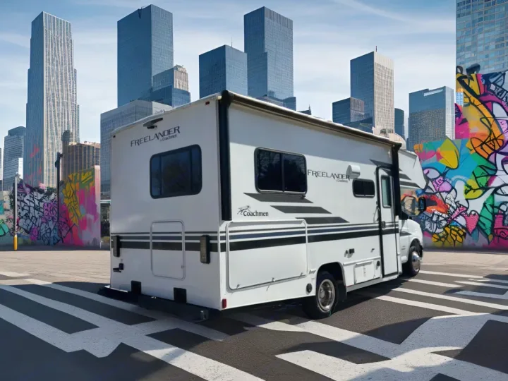 White RV rental parked on a zebra crossing with a vibrant graffiti wall and modern city skyscrapers in the background.. Coachmen Freelander 2021