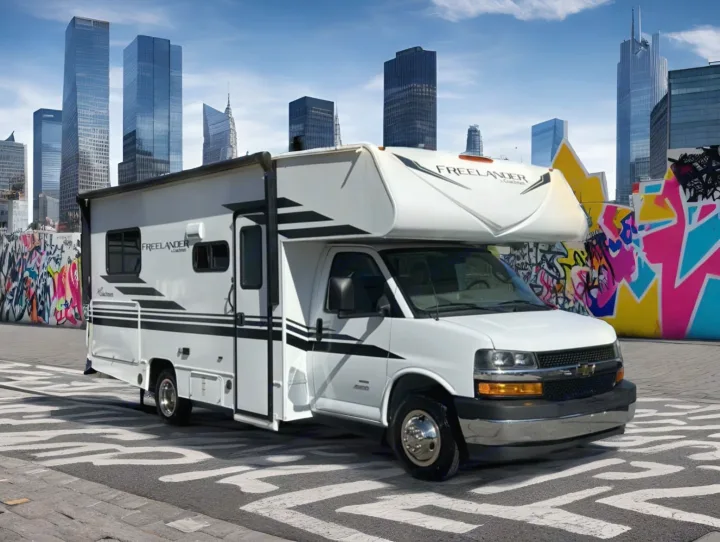 White RV rental parked on a city street with zigzag markings, backed by skyscrapers and a colorful graffiti wall.. Coachmen Freelander 2021