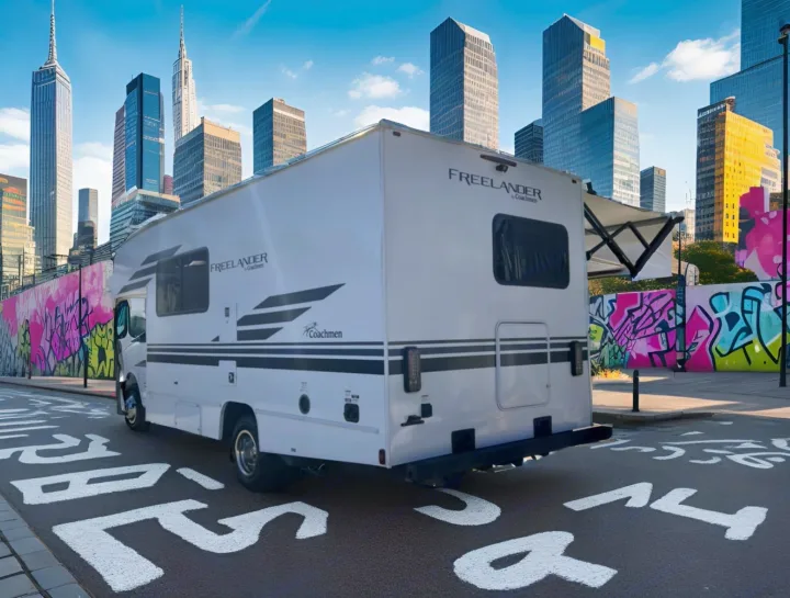 White RV rental parked on an urban street, featuring city skyscrapers & graffiti art. Awning extended for urban adventure.. Coachmen Freelander 2021