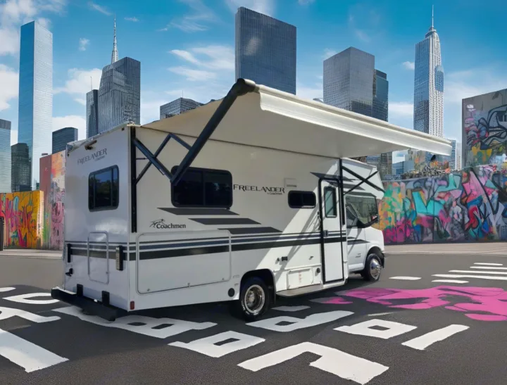 Freelander RV rental parked in a vibrant city with skyscrapers & graffiti. Awning extended, ready for urban adventure.. Coachmen Freelander 2021