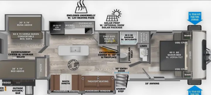 This RV rental floor plan shows a spacious interior with queen bed, bunks, kitchen, bathroom, dinette, and theater seating, plus outdoor features.. Forest River Salem Hemisphere 2026