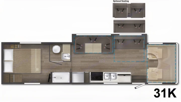 This RV rental floor plan (31K) shows a spacious interior with a rear bedroom, central bathroom, kitchen, and convertible living/sleeping areas.. Winnebago Minnie Winnie 2015