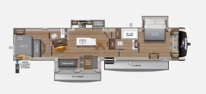 RV rental floor plan: Spacious interior with king bed, loft, kitchen, living, and outdoor features like awnings.. Jayco Eagle 2025