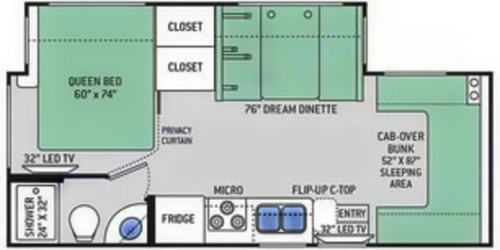 RV rental floor plan showing a queen bed, dinette, cab-over bunk, kitchen, and bath layout for comfortable travel.. Thor Freedom Elite 2018