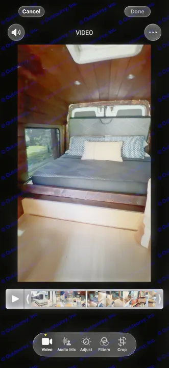 Previewing an RV rental video: Cozy camper van bed setup with wooden interior & nature view. Video editing tools visible.. Mercedes Sprinter 2008