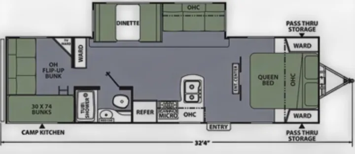 RV rental floor plan: 32'4" travel trailer with queen bed, bunks, dinette, kitchen, and full bath layout.. Coachmen Apex 2021
