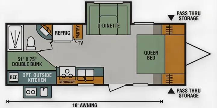 Detailed RV rental floor plan showing a queen bed, double bunk, U-dinette, kitchen, bath, and pass-thru storage.. KZ Other 2017