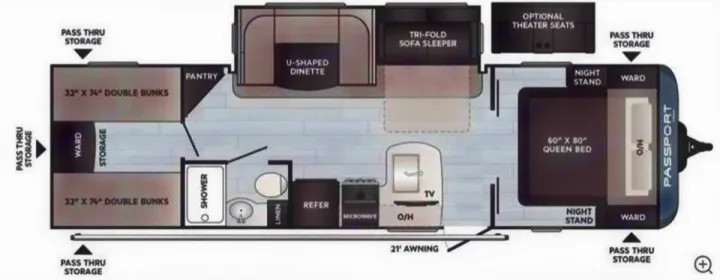 This RV rental floor plan shows a bunkhouse travel trailer with a queen bed, U-shaped dinette, kitchen, and bath.. Keystone RV Passport SL 2021