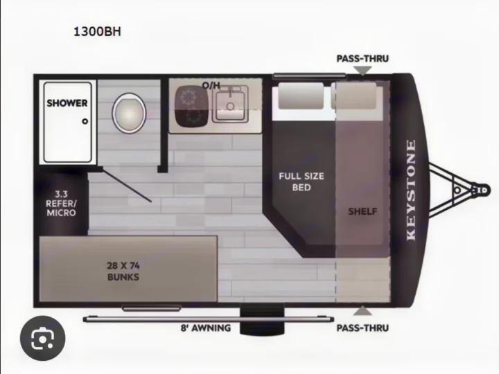 Detailed 1300BH Keystone travel trailer rental floor plan: full bed, bunks, shower, kitchen, and 8' awning layout.. Keystone Springdale 2026