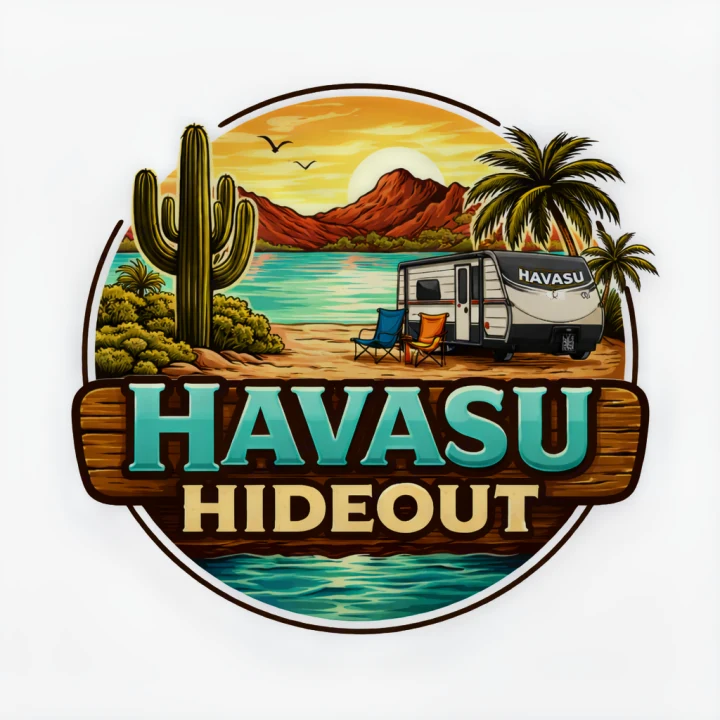RV rental at Havasu Hideout: A camper by a desert lake with mountains, cactus, and beach chairs on the sand.. Keystone RV Hideout Sport 2024