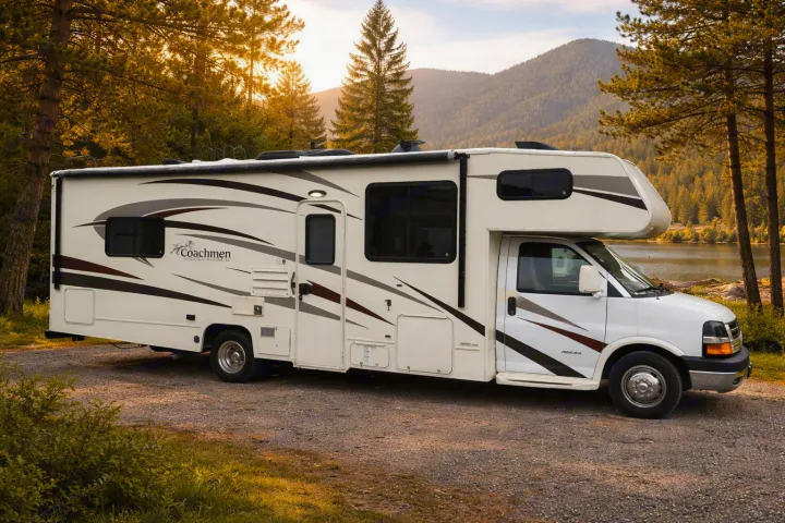 White Coachmen RV rental parked by a scenic mountain lake & pine trees at sunset. Ideal for camping & road trips.. Forest River Coachmen Freelander 2017