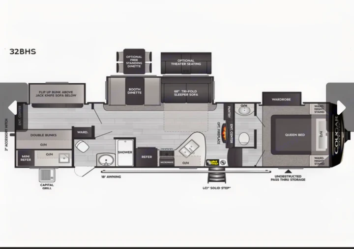 This detailed 32BHS RV rental floor plan displays a queen bed, double bunks, kitchen, and bath layout.. Keystone RV Cougar 2022
