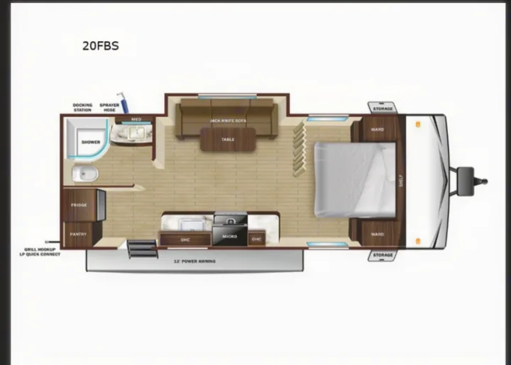 RV rental 20FBS floor plan displays a complete interior layout: bed, kitchen, bath, and sofa.. Starcraft Autumn Ridge 2024