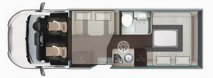 This RV rental floor plan details a campervan interior: swivel front seats, central double bed, bathroom, kitchen with fridge, and rear bed/dinette.. Ford Rollerteam 747 2026