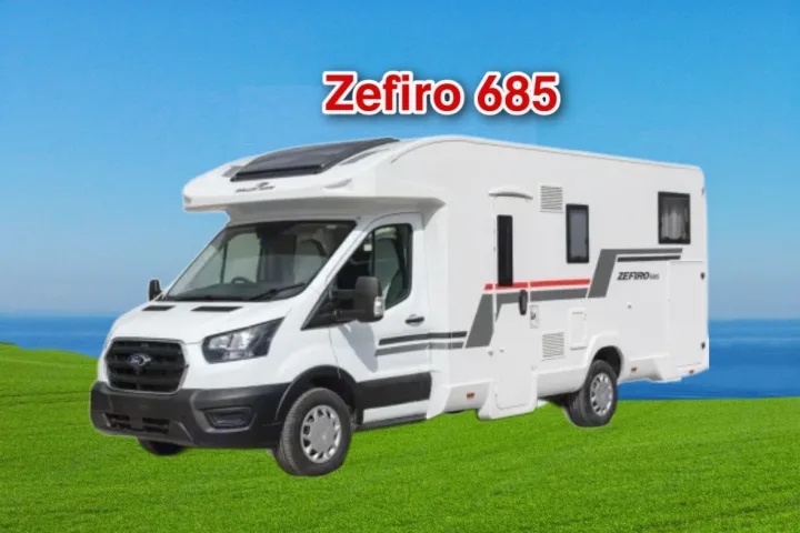 White Zefiro 685 motorhome, an ideal RV rental. It features sleek black and red graphics, parked on green grass with a blue sky and sea.. Roller Team 685 Zefiro 2022