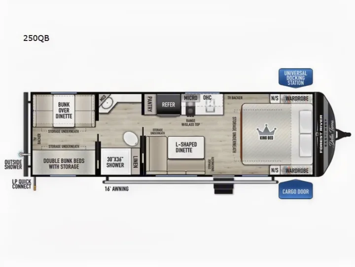 This 250QB RV rental floor plan details a king bed, double bunks, kitchen, and L-shaped dinette, ideal for families.. Della Terra 250QB 2026