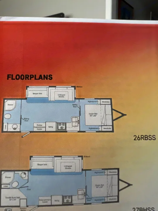 Two detailed RV rental floorplans (26RBSS, 27BHSS) illustrate various layouts with queen beds, dinettes, kitchens, and baths.. Minnie Minnie Plus 2019