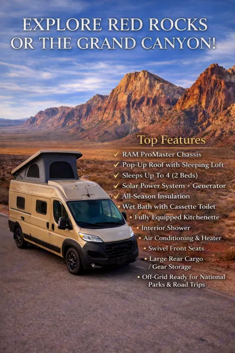**rv rental** van ideal for exploring Red Rocks & Grand Canyon. Features a pop-up roof, sleeps 4, and is off-grid ready.. Winnebago Solis 2026