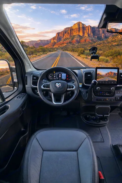 RV rental van interior: Steering wheel and dashboard frame a majestic mountain road and golden sky, ready for an epic road trip.. Winnebago Solis 2026