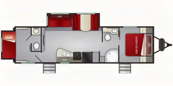 RV rental floor plan: A large travel trailer layout with front queen bed, two baths, kitchen, and rear bunks for family comfort.. Cruiser RV Shadow Cruiser 2019