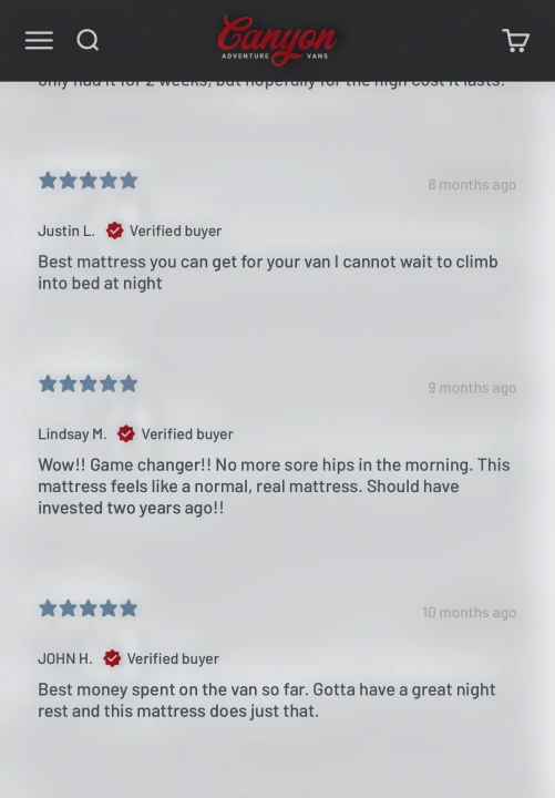 5-star customer reviews for a comfy van mattress. Great for RV rental, ensuring restful sleep and van life comfort.. Winnebago Revel 2022