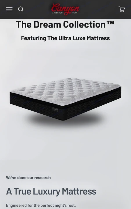 A plush Ultra Luxe Mattress from Canyon Adventure Vans' Dream Collection, ideal for your RV rental comfort.. Winnebago Revel 2022
