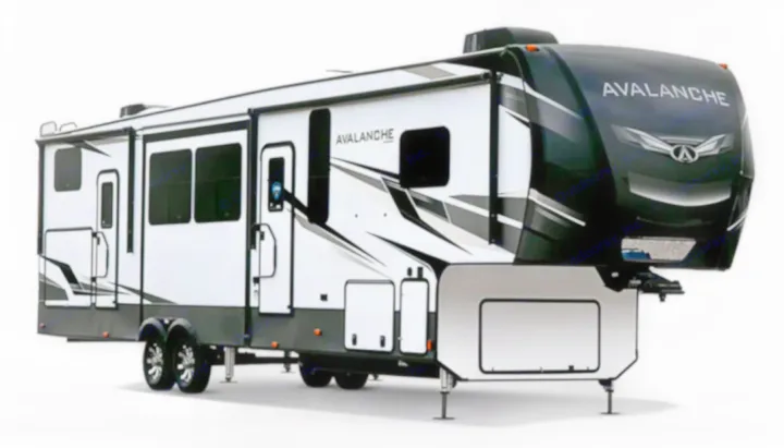 An Avalanche fifth-wheel RV rental, a sleek white and black camper with multiple slide-outs, parked on a white background.. Keystone RV Avalanche 2021