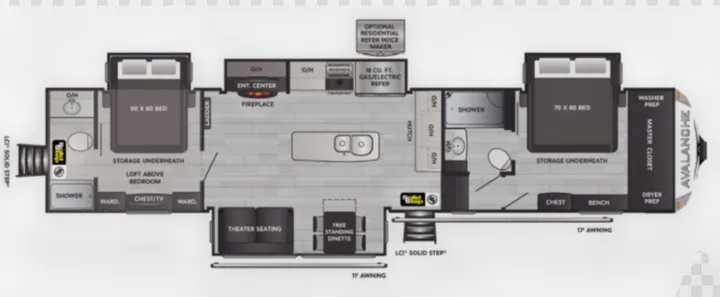 Explore this spacious rv rental floor plan featuring two bedrooms, a loft, two baths, kitchen, living room with fireplace, and laundry prep.. Keystone RV Avalanche 2021