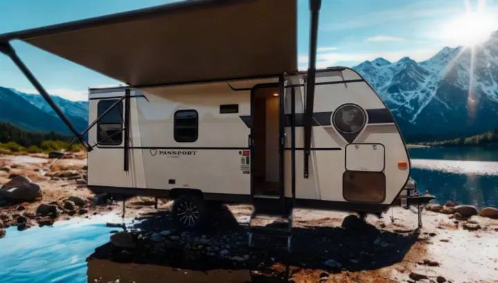 Experience adventure with this RV rental! A classic travel trailer sits by a scenic mountain lake, awning extended for relaxation.. Keystone Passport 190RDWE 2026