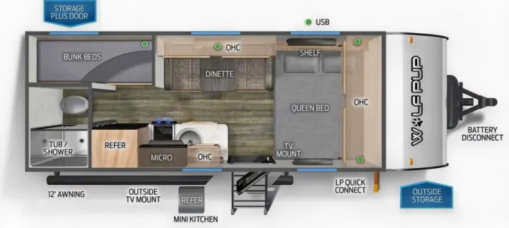 Explore this detailed Wolf Pup RV rental floor plan, featuring a queen bed, bunk beds, kitchen, bathroom, and dinette for camping adventures.. Forest River Cherokee Wolf Pup 2024
