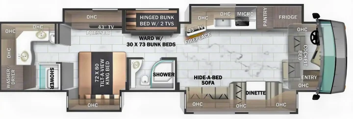 Explore this family-friendly RV rental floor plan with a king bed, bunks, full kitchen, and dual bathrooms.. Forest River Berkshire XLT 2024