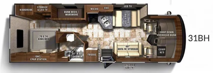 Explore this 31BH RV rental floor plan, featuring a king bed, bunk beds, dinette, kitchen, and shower – perfect for family adventures.. Coachmen Pursuit 2022