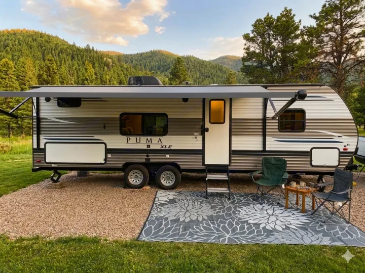 Enjoying a PUMA XLE rv rental: Travel trailer at a scenic campsite with an awning, outdoor rug, and chairs.. Forest River Palomino Puma XLE Lite 2021