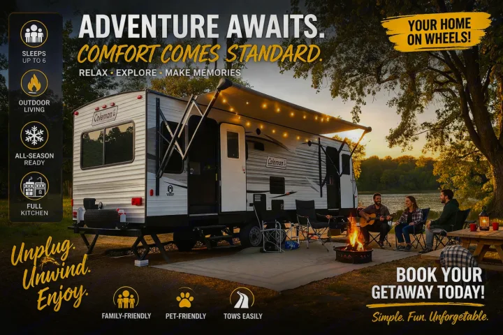 RV rental ad: Friends relax by a campfire outside a travel trailer with string lights, promising comfort and adventure.. Dutchmen Coleman Lantern 2016
