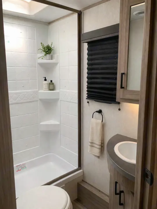 Clean & modern RV rental bathroom with compact shower, sink vanity, and toilet. Features wood accents & a black blind.. Keystone RV Passport 2022